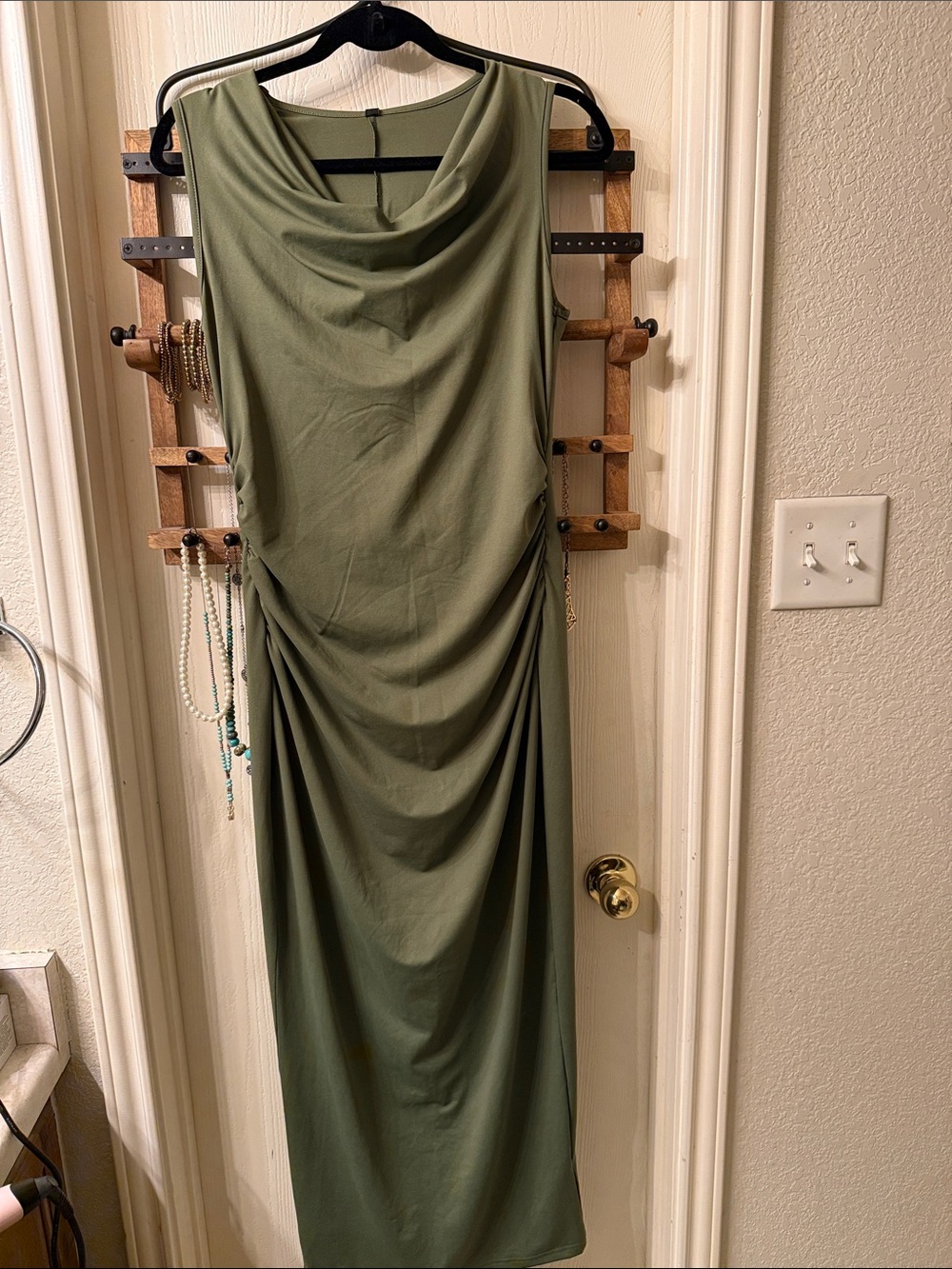 Olive Green Maxi Dress with Draped Neckline
